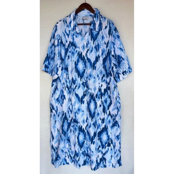 NOTTIBIANCHE Linen Shirt Dress Caftan Midi Maxi Button Lagenlook Blue Ikat 1X - Picture 2 of 9